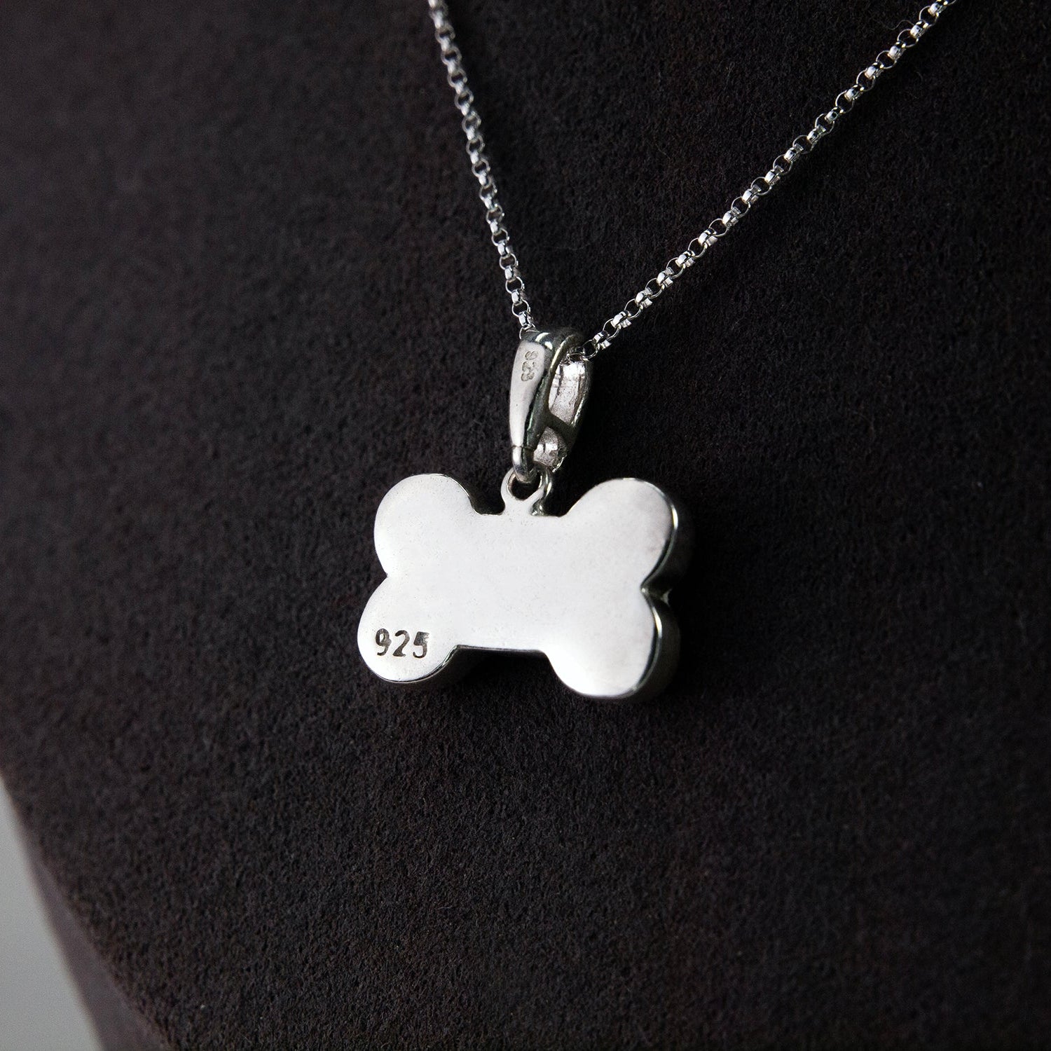 Pet Hair Dog Bone Pendant Necklace, Sterling Silver close-up detail