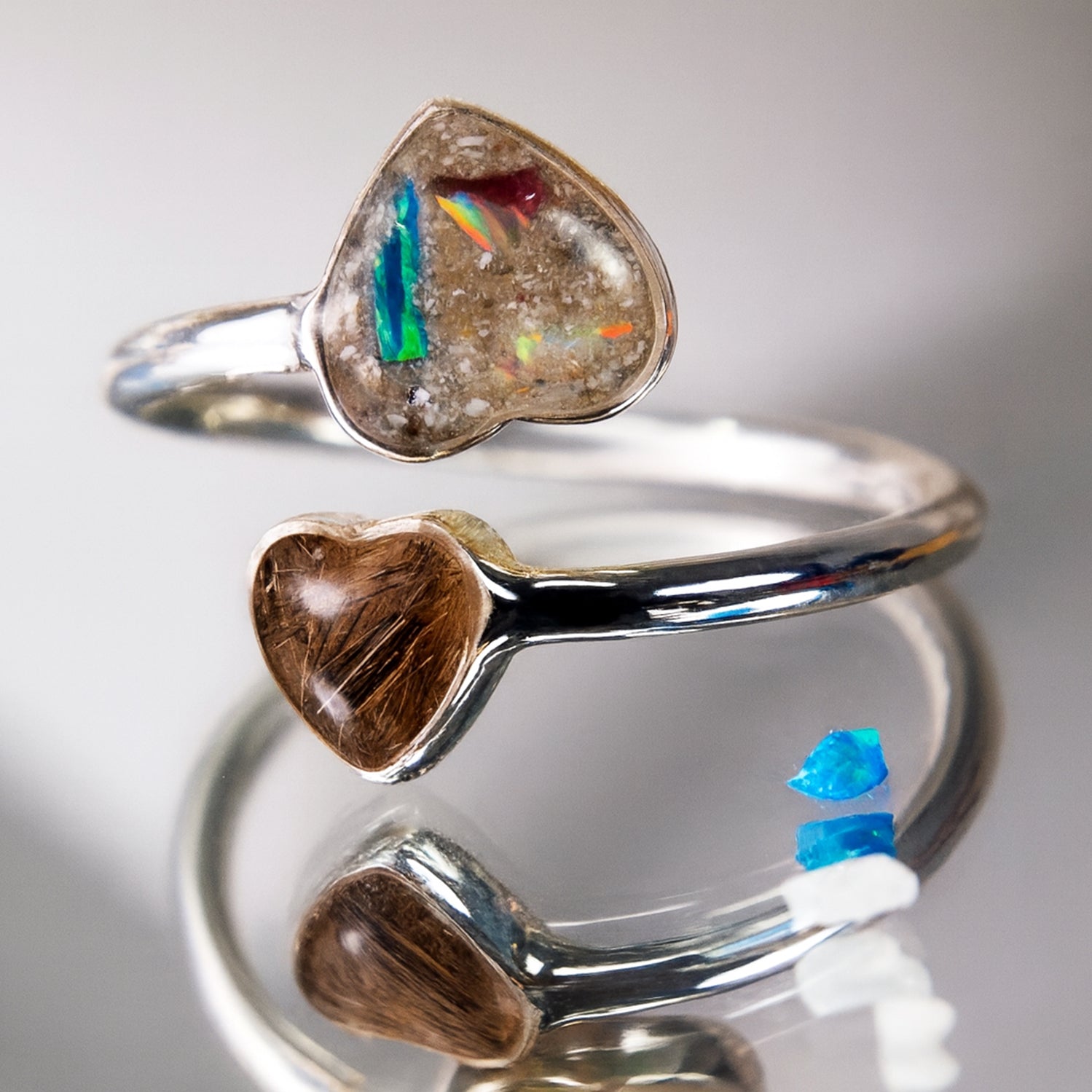 Pet Hair and Ashes Heart Adjustable Ring, Sterling Silver close-up detail for pet memorial jewellery