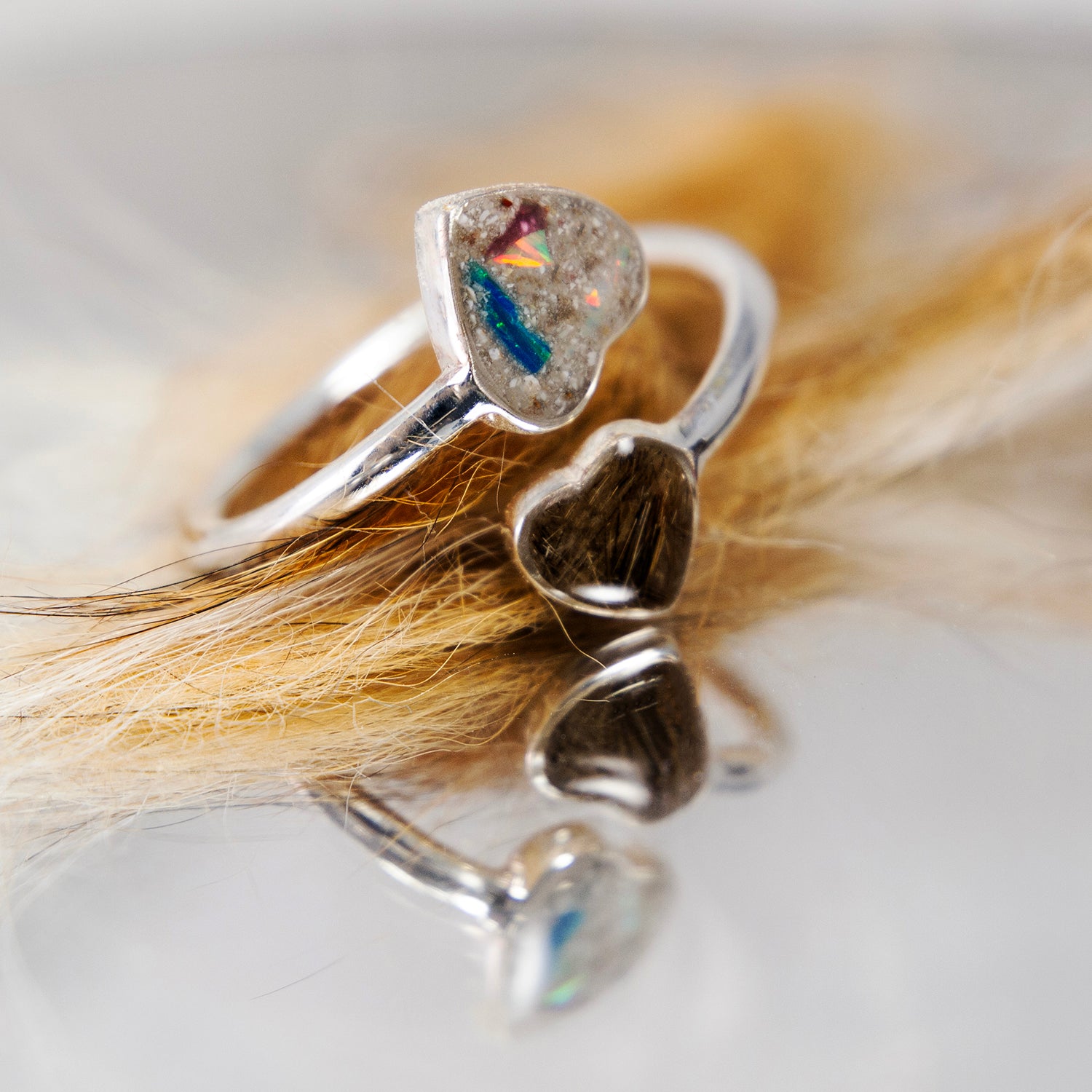 Pet Hair and Ashes Heart Adjustable Ring, Sterling Silver shown from another angle for pet memorial jewellery
