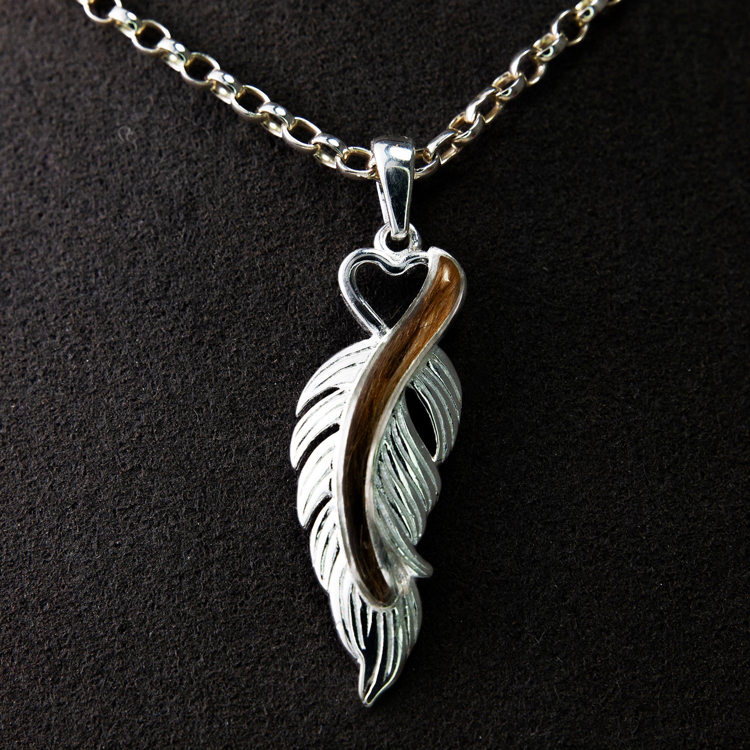 Pet Hair Feather Pendant Necklace, Sterling Silver shown from another angle