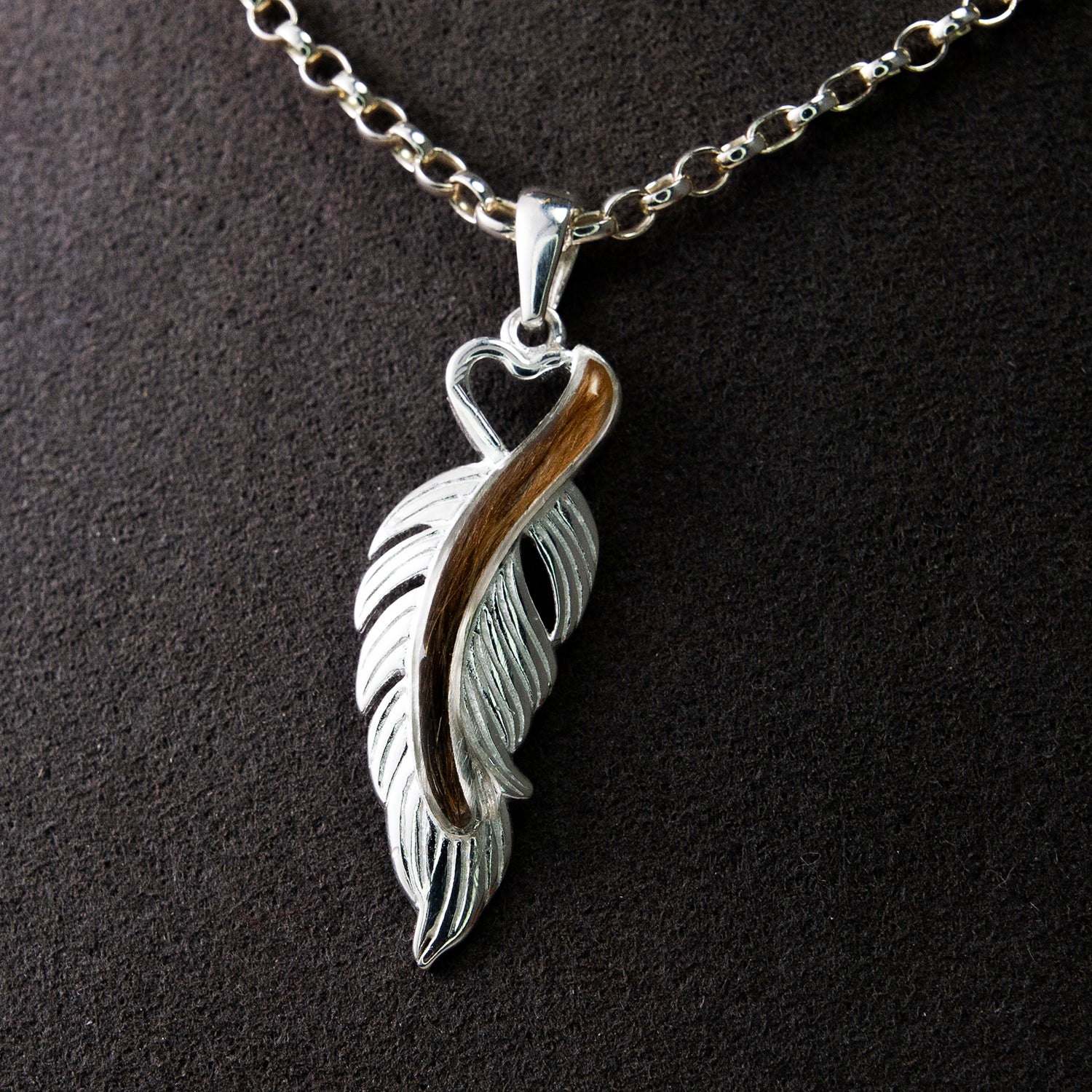 Pet Hair Feather Pendant Necklace, Sterling Silver close-up detail