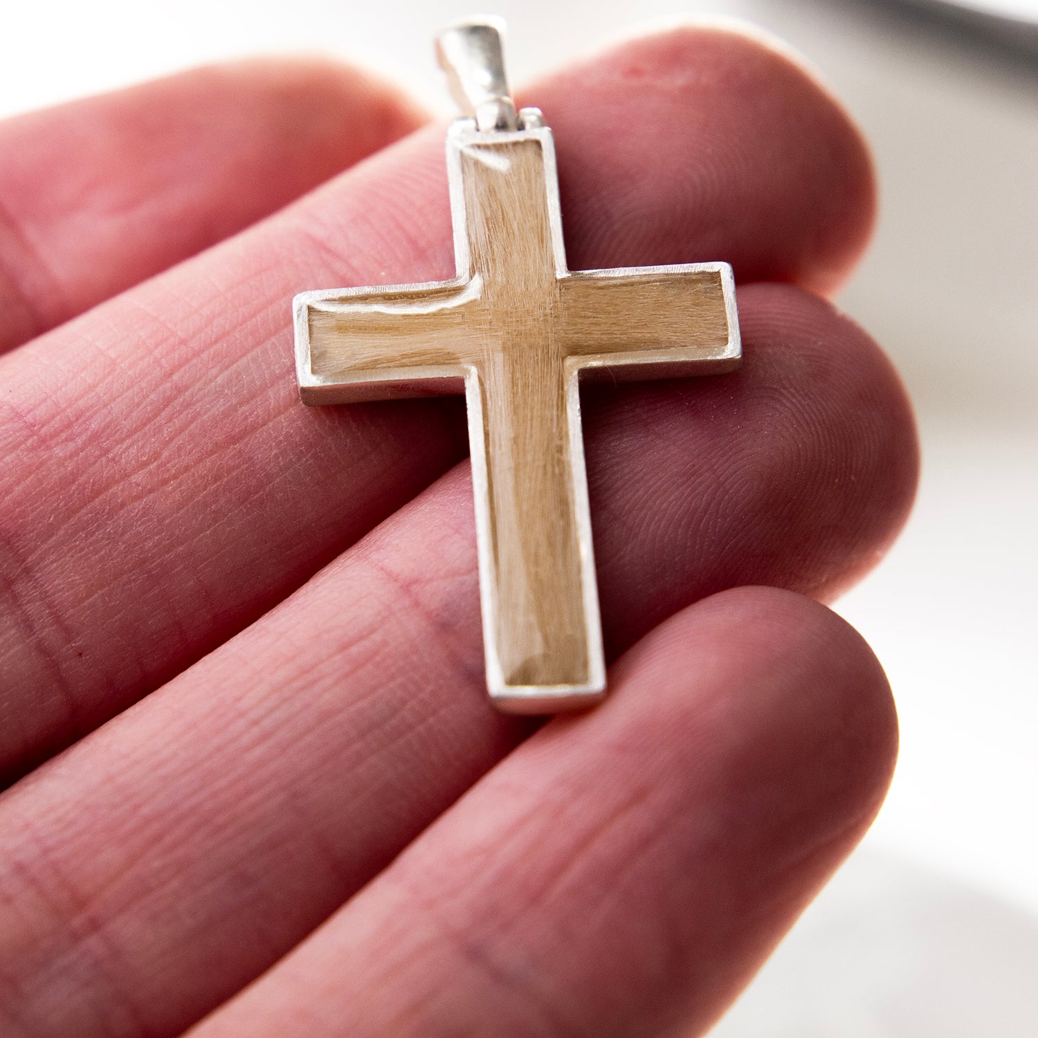 Pet Hair Cross Pendant Necklace, Sterling Silver close-up detail for pet memorial jewellery