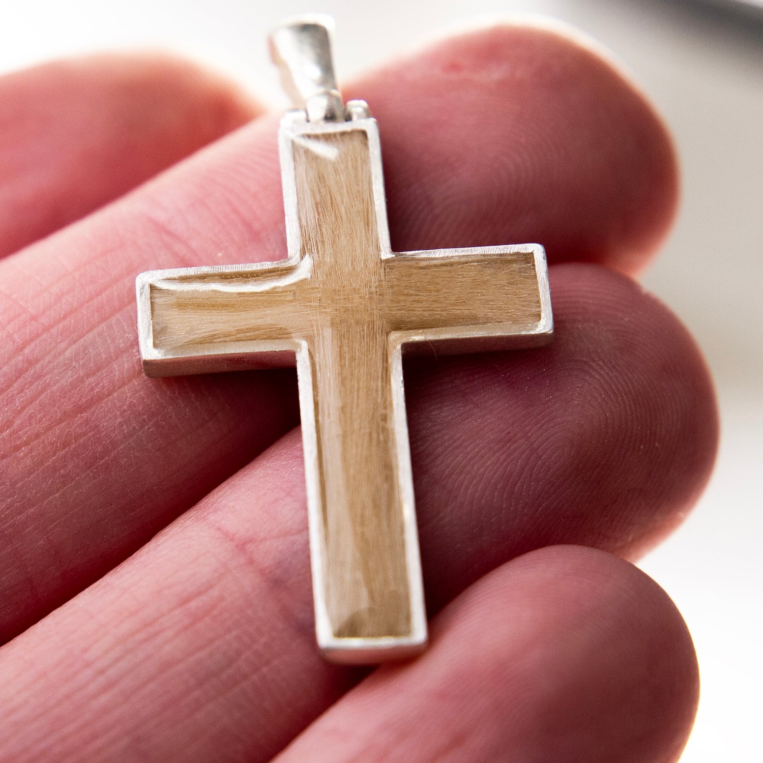 Pet Hair Cross Pendant Necklace, Sterling Silver shown from another angle for pet memorial jewellery