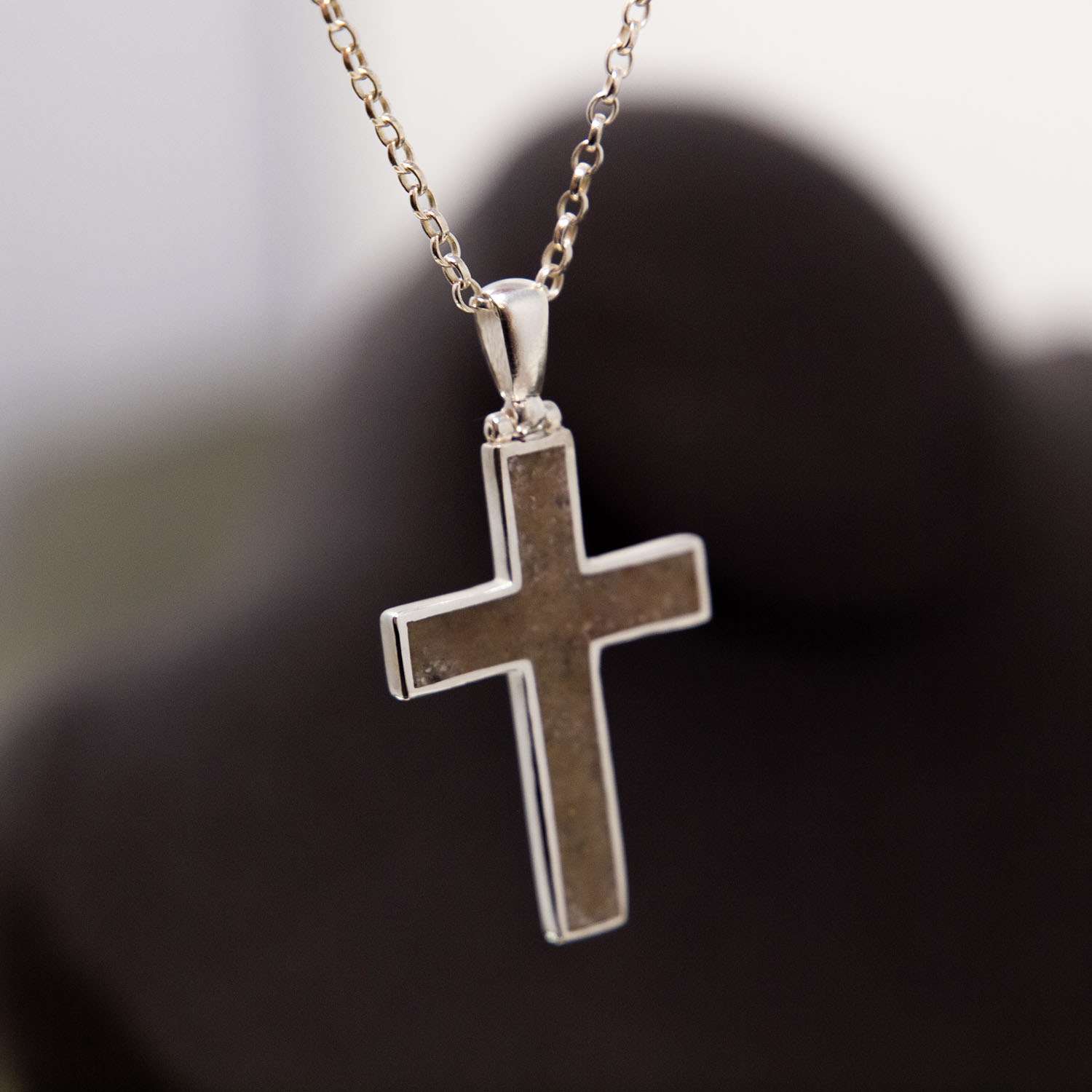 Ashes Cross Necklace, Sterling Silver shown from another angle