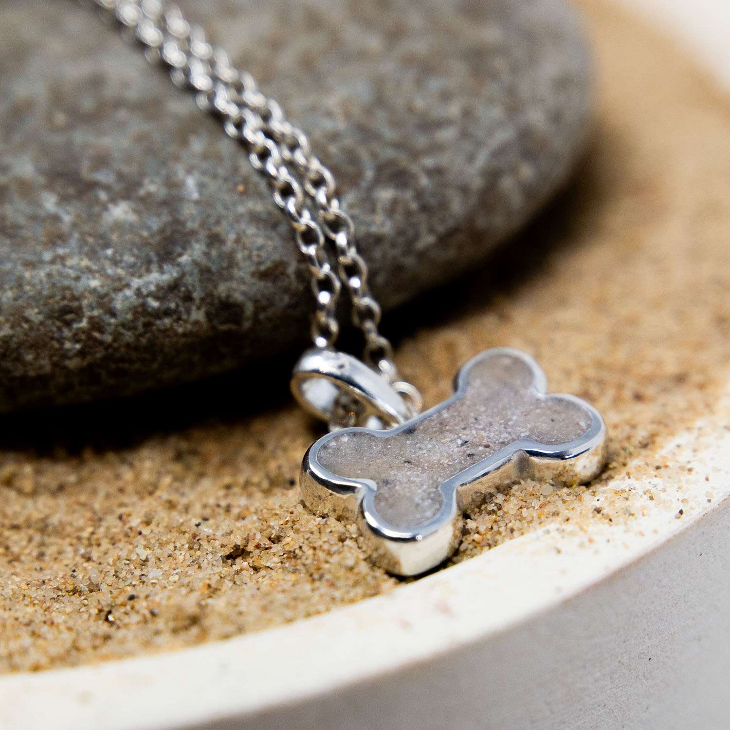 Ashes Dog Bone Necklace, Sterling Silver close-up detail