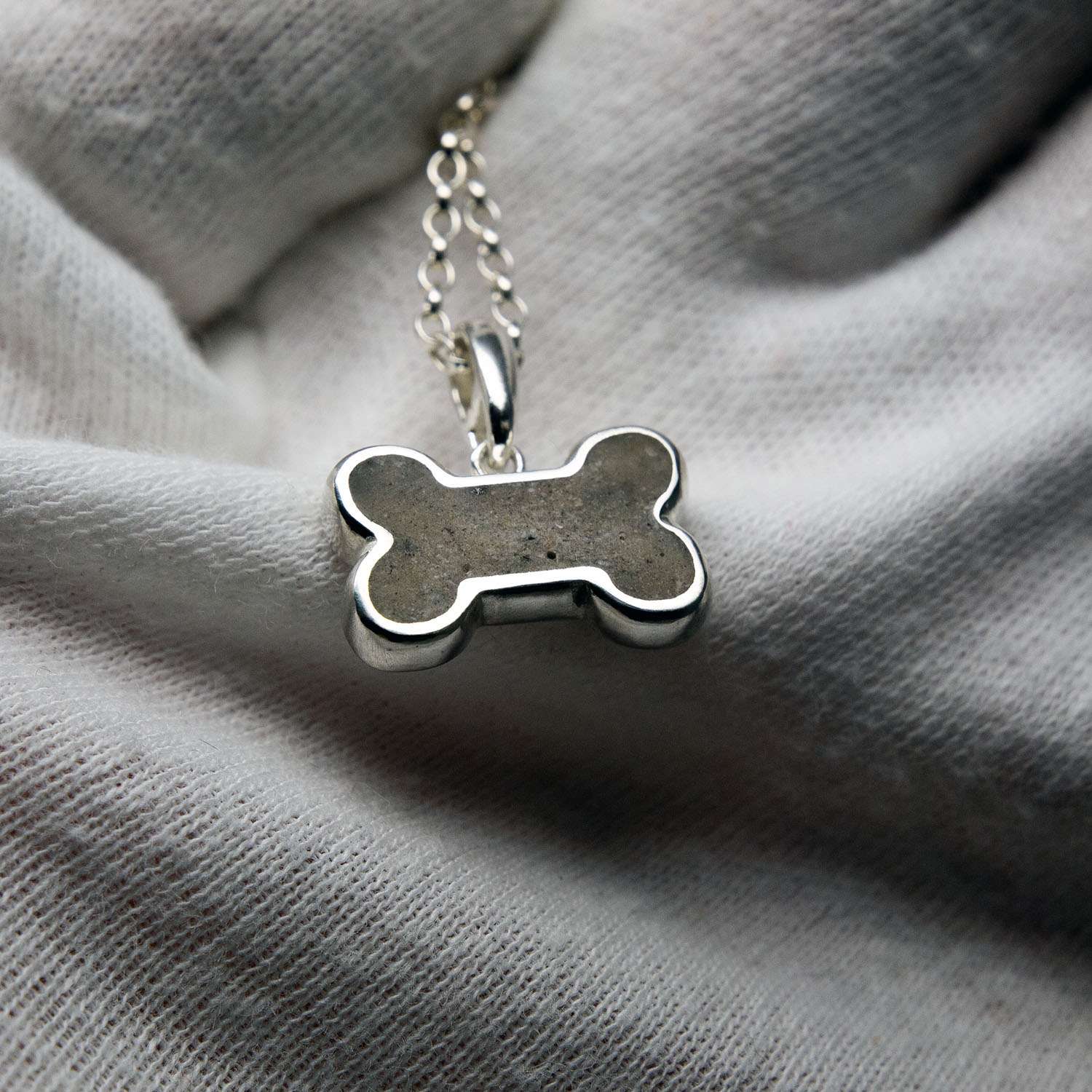Ashes Dog Bone Necklace, Sterling Silver shown from another angle
