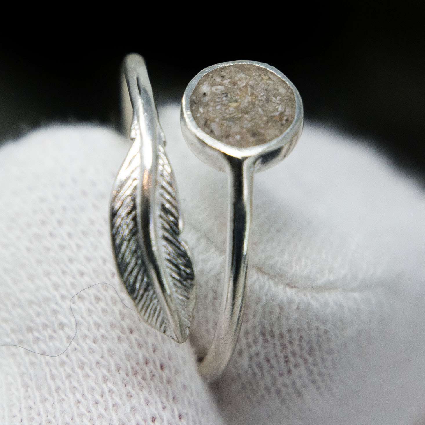 Ashes Feather Adjustable Ring, Sterling Silver shown from another angle