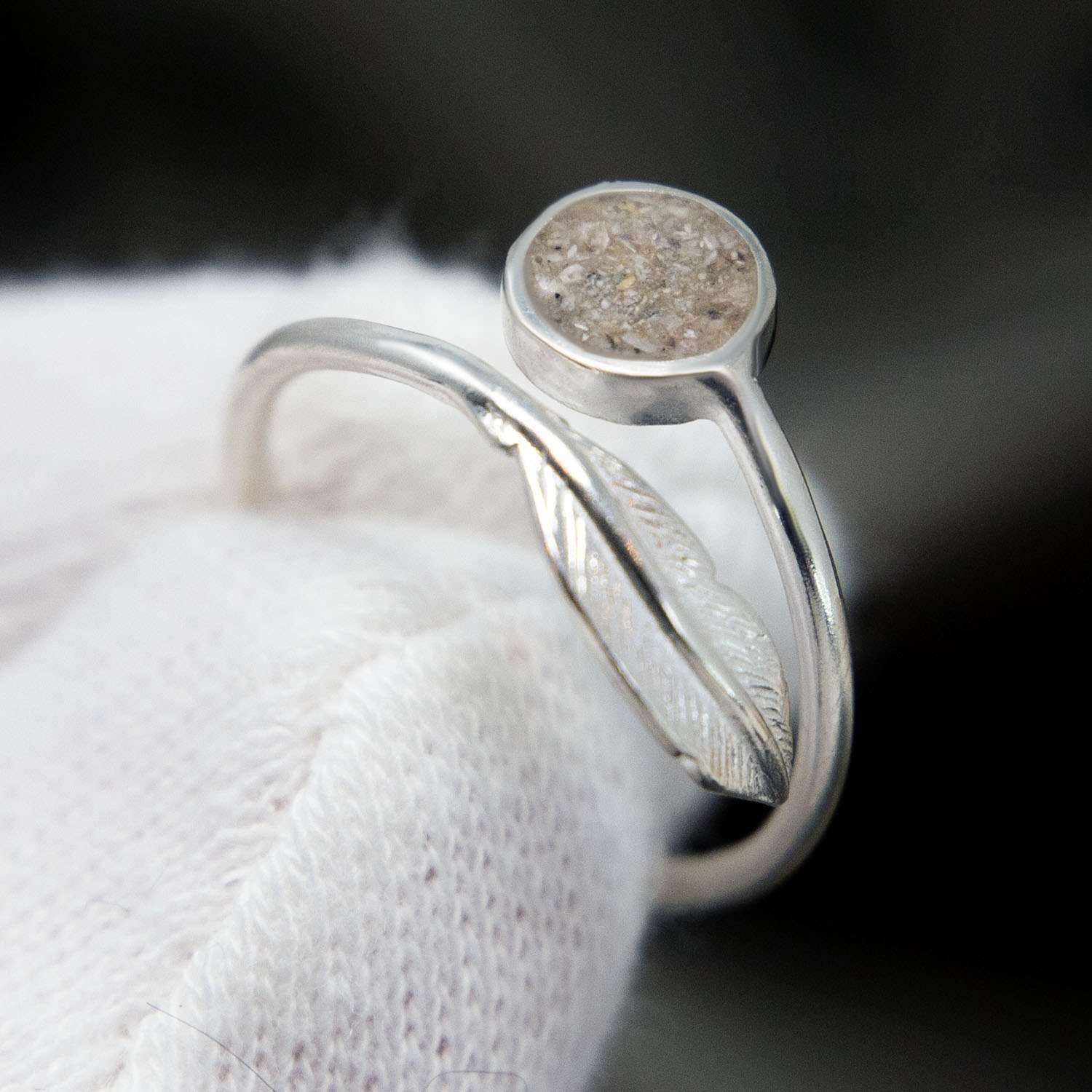 Ashes Feather Adjustable Ring, Sterling Silver close-up detail