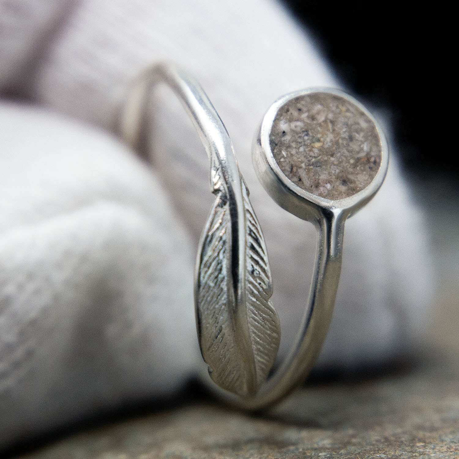 Ashes Feather Adjustable Ring, Sterling Silver handmade jewellery detail