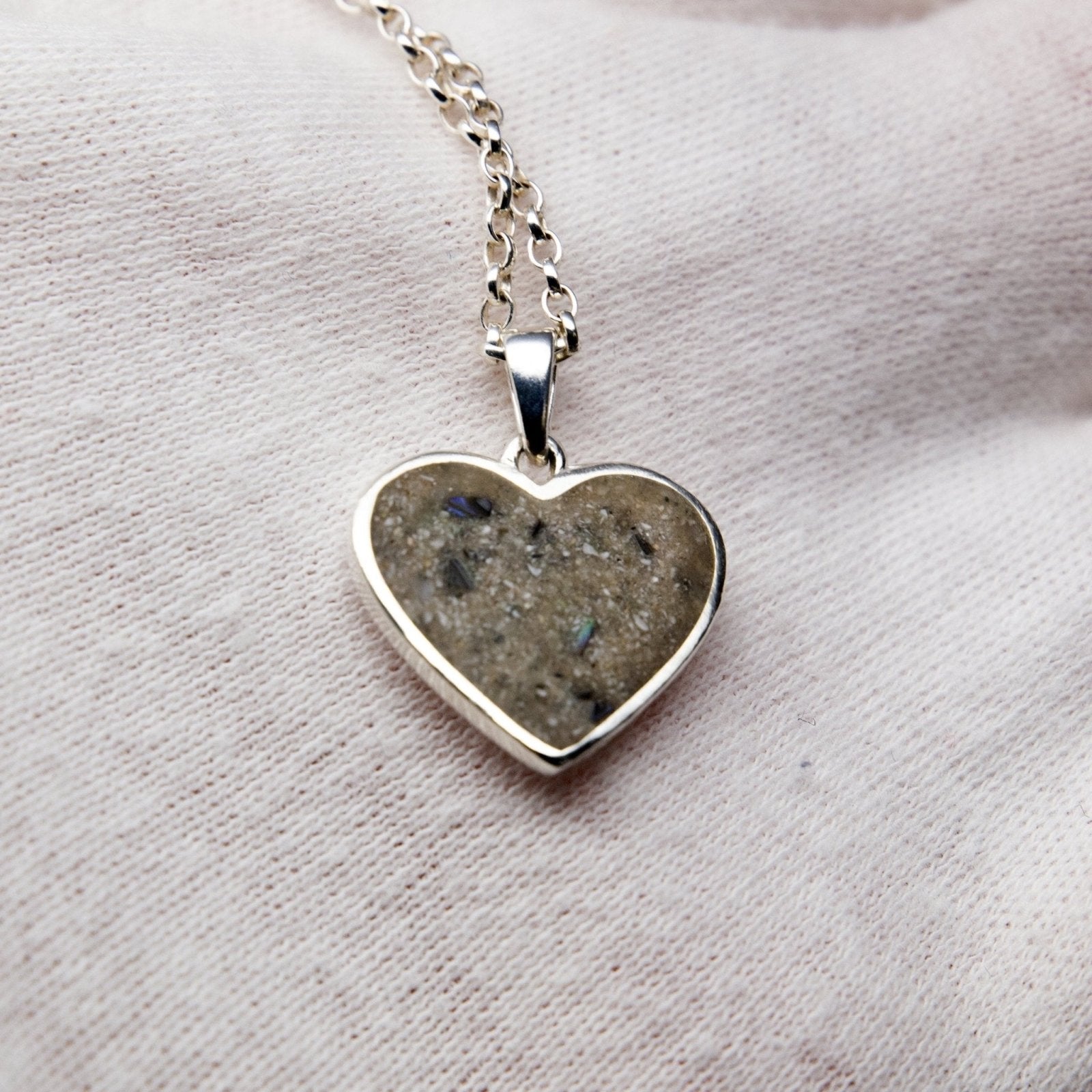Ashes Heart Necklace, Sterling Silver shown from another angle